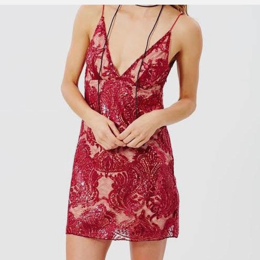 Free People Red Sequins Lace Slip Dress
